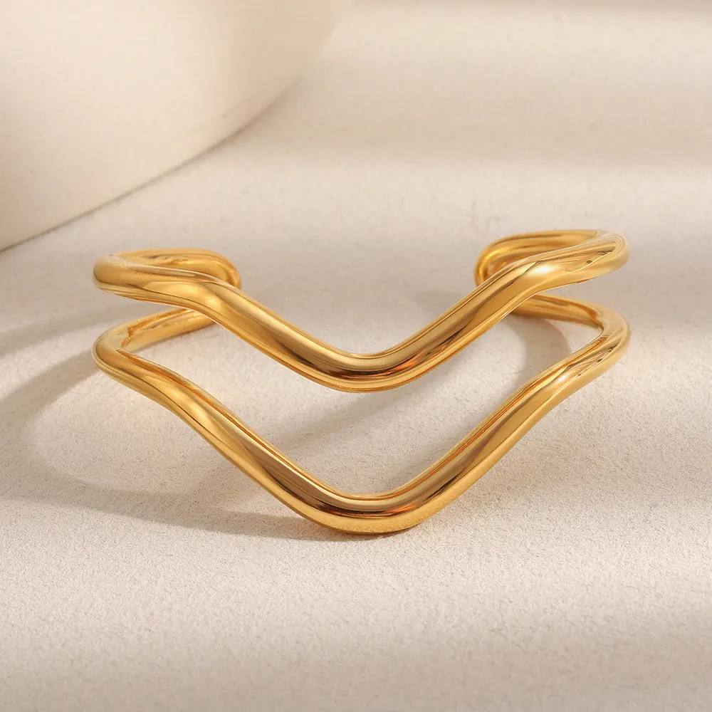 Twisted Line Open Cuff Bangle 18K Gold Plated Stainless Steel Double Layer Wave Irregular Minimalist Jewelry For Women