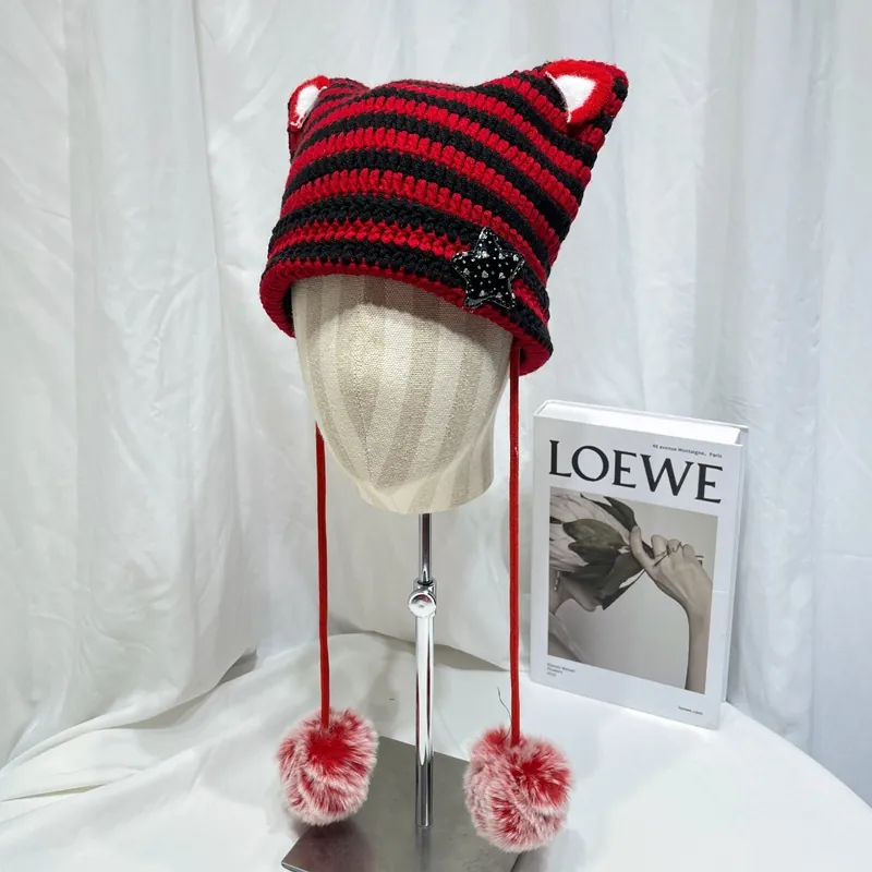 Japanese Kawaii Cat Ear Beanie Knit Hat Striped Warm Winter Headwear With Pom Poms And Star Patch For Women Girls