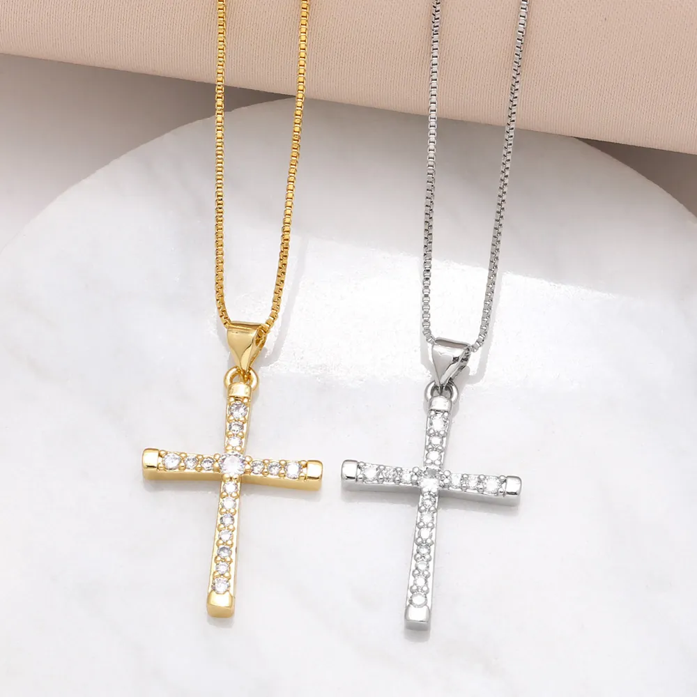 Cross Pendant Necklace Copper Gold Plated Inlaid Zircon Hip Hop Box Chain Minimalist Jewelry For Men Women