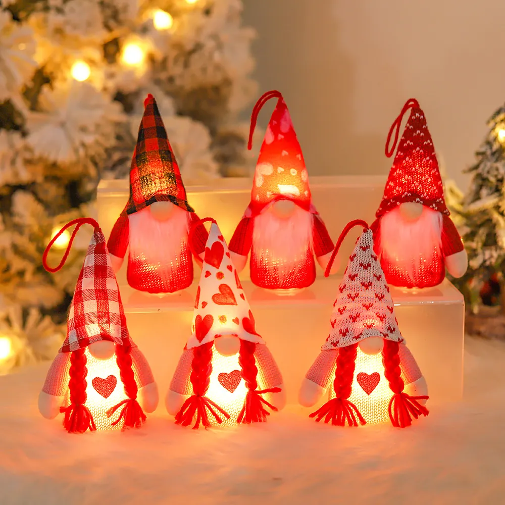 Valentines Gnome Plush Hanging Ornaments With LED Light Glowing Heart Swedish Tomte Dwarf Faceless Doll Knitted Cloth