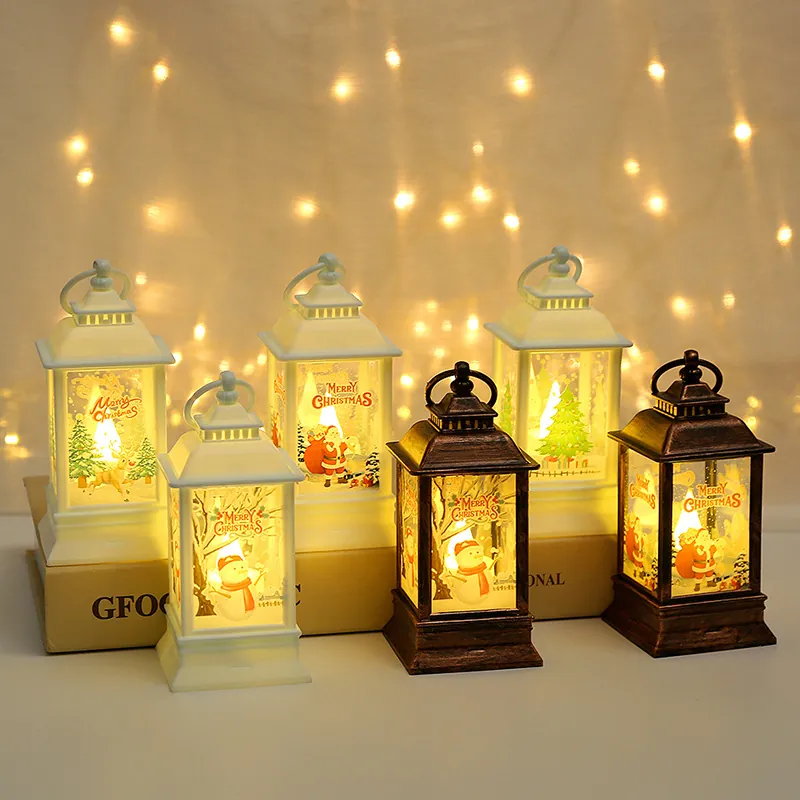 Christmas Lantern LED Night Light Plastic Retro Hanging Decorative Lamp Desktop Holiday Party Ornament Santa Snowman