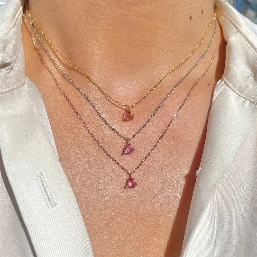 Heart Pendant Necklace Copper 18K Gold Plated Pink Zirconia Clavicle Chain Romantic Jewelry For Women