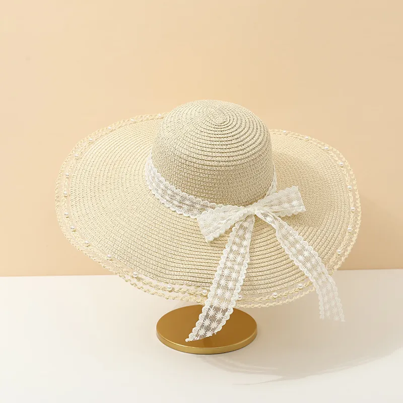 Damen Strohhut Breite Krempe Elegant Spitze Schleife Künstliche Perle Strand Atmungsaktiv Sommer Outdoor Urlaub Sonnenschutz