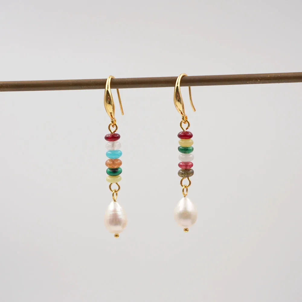 Boucles d'Oreilles Pendantes en Perle d'Eau Douce et Pierre Colorée Style Néo-Chinois Bijoux Rétro Faits Main pour Femmes