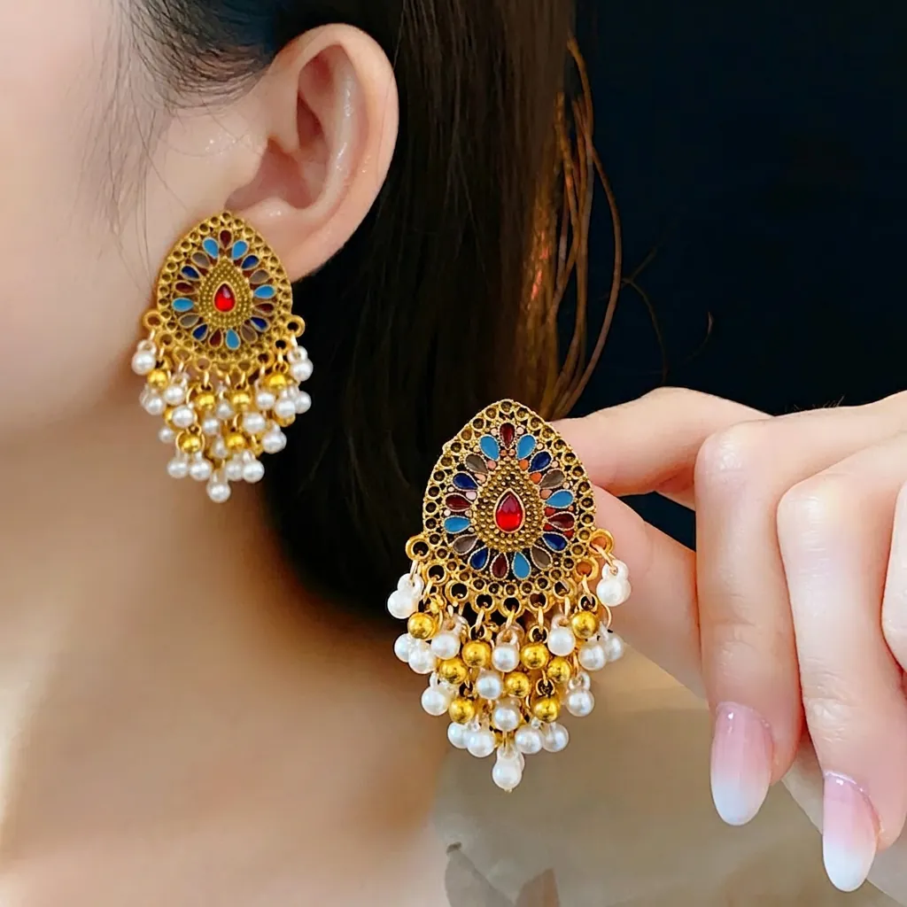 Boucles D'oreilles Pendantes Ethniques Vintage Alliage Émail Strass Avec Glands Künstliche Perles Style Cour Bohème Pour Femmes
