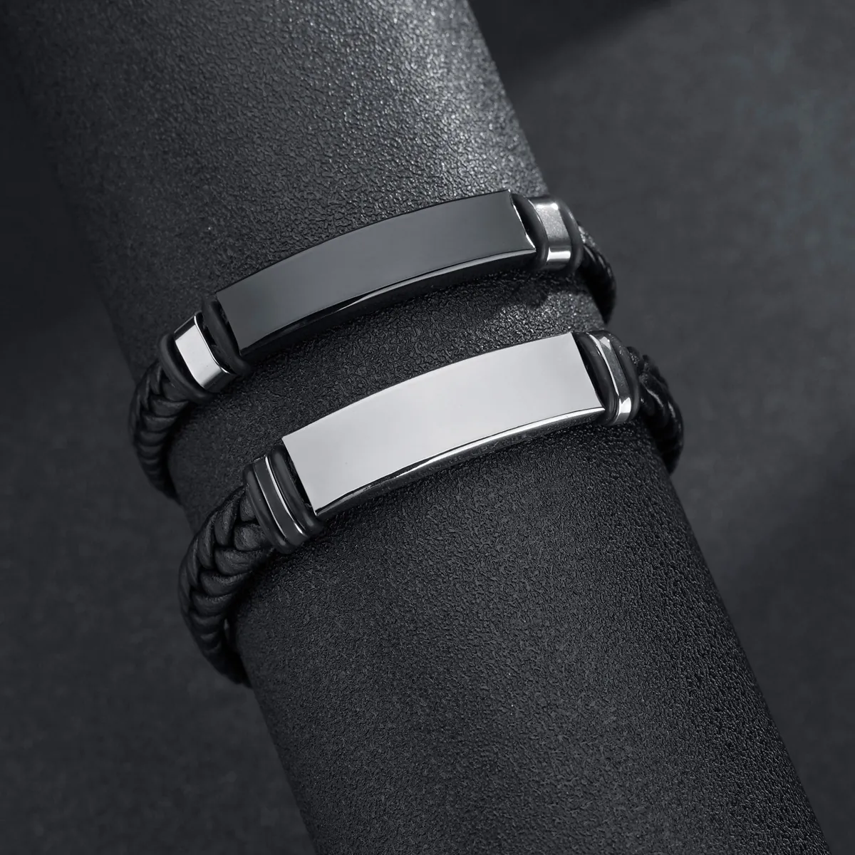 Men's Braided Leather Silicone Bracelet With Stainless Steel ID Plate Minimalist Fashion Punk Jewelry For Daily Wear