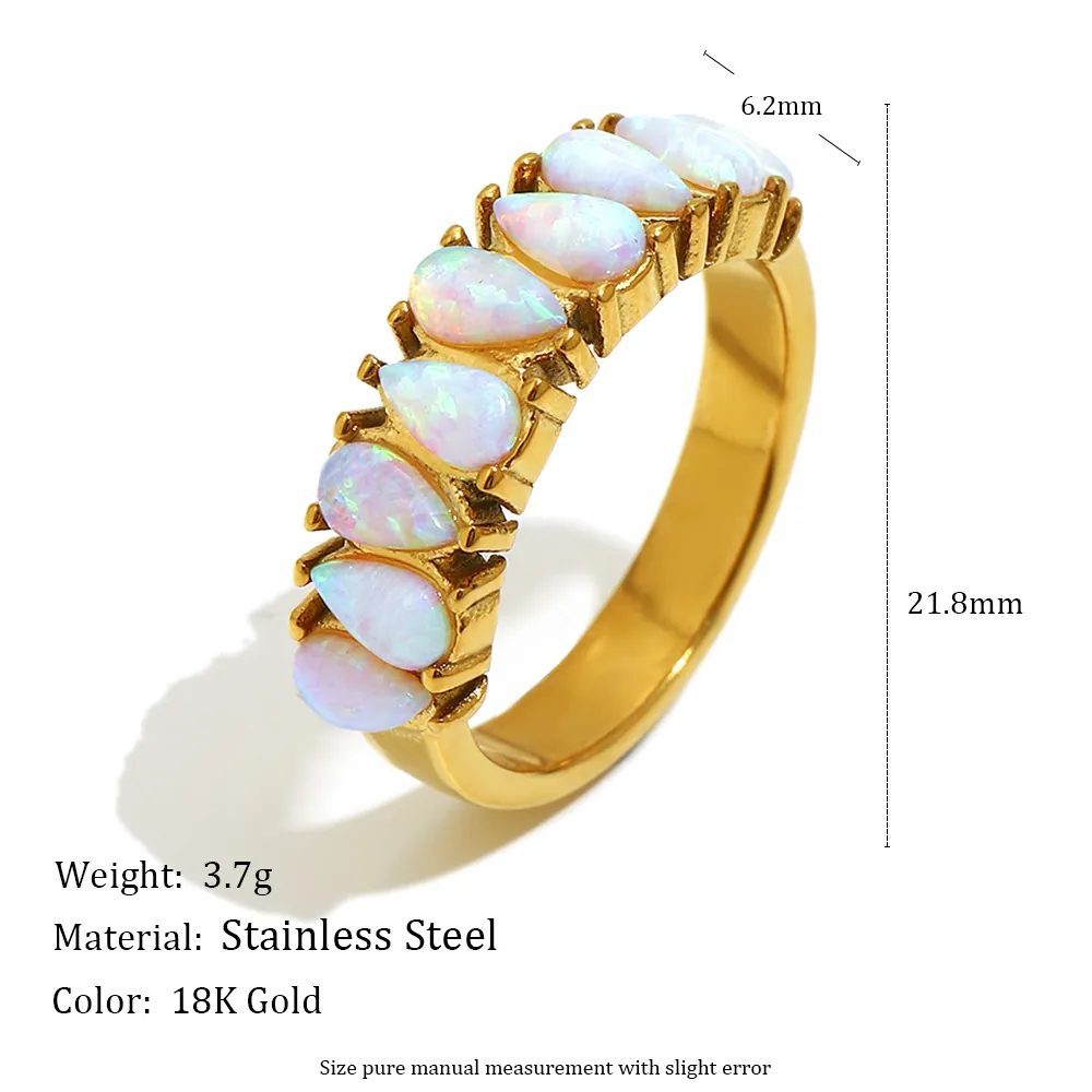 Luxury Women Band Ring 18K Gold Plated Stainless Steel With Pear Shape White Opal Niche Design Fashion Jewelry