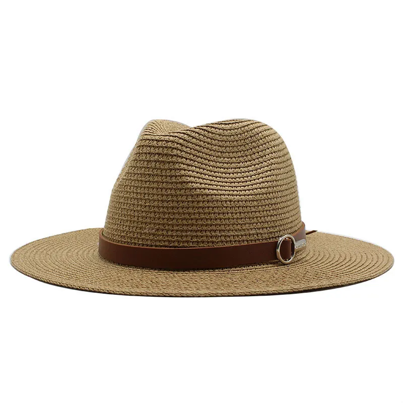 Fedora Panama Straw Hat Wide Brim Sun Protection Summer Beach Travel Outdoor Paper Woven With Leather Band Metal Buckle