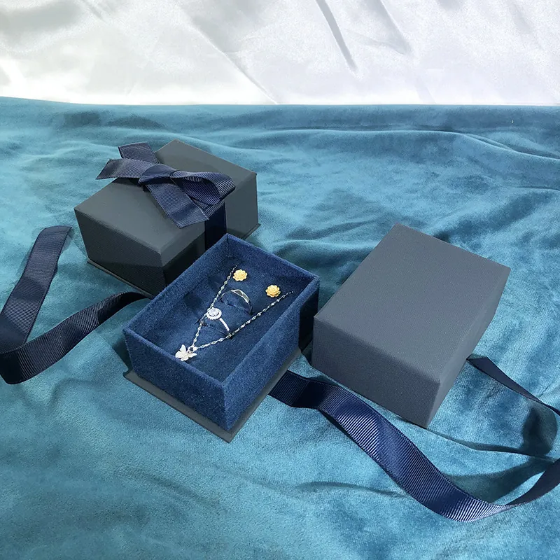 Navy Blue Jewelry Box And Handbag Gift Packaging Textured Cardboard Ribbon Bow Velvet Lining For Necklace Ring Earring