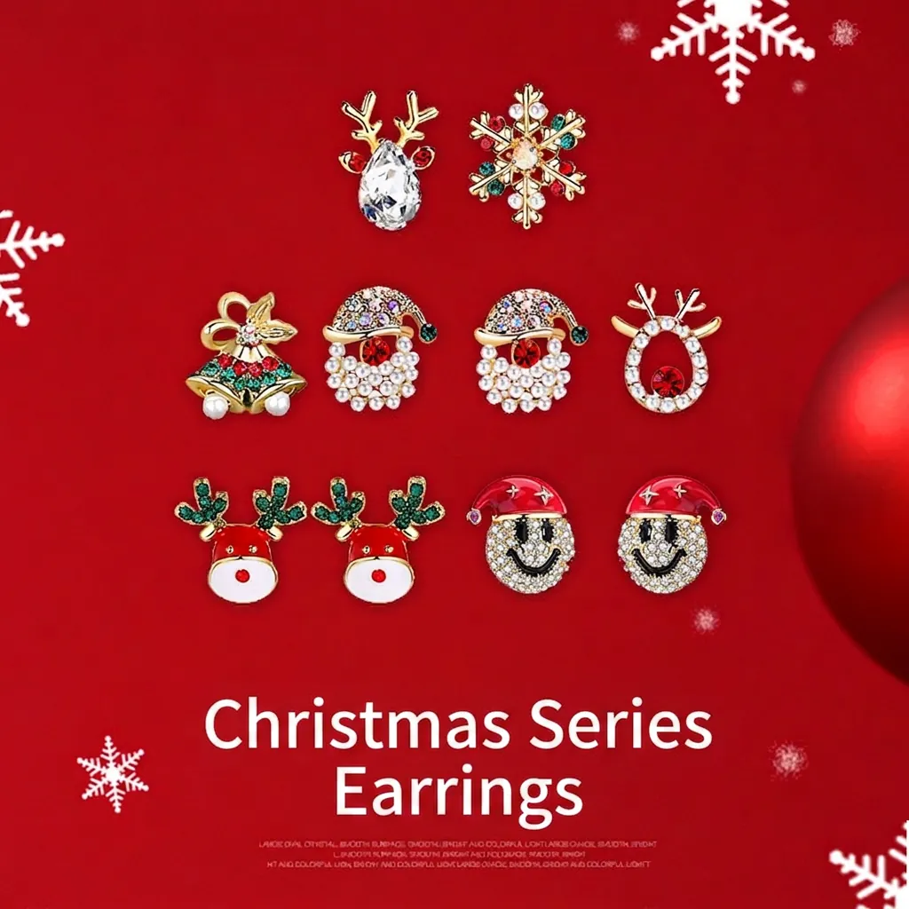 Christmas Stud Earrings Alloy Enamel Rhinestone 925 Sterling Silver Earring Post Asymmetric Reindeer Snowflake Festive