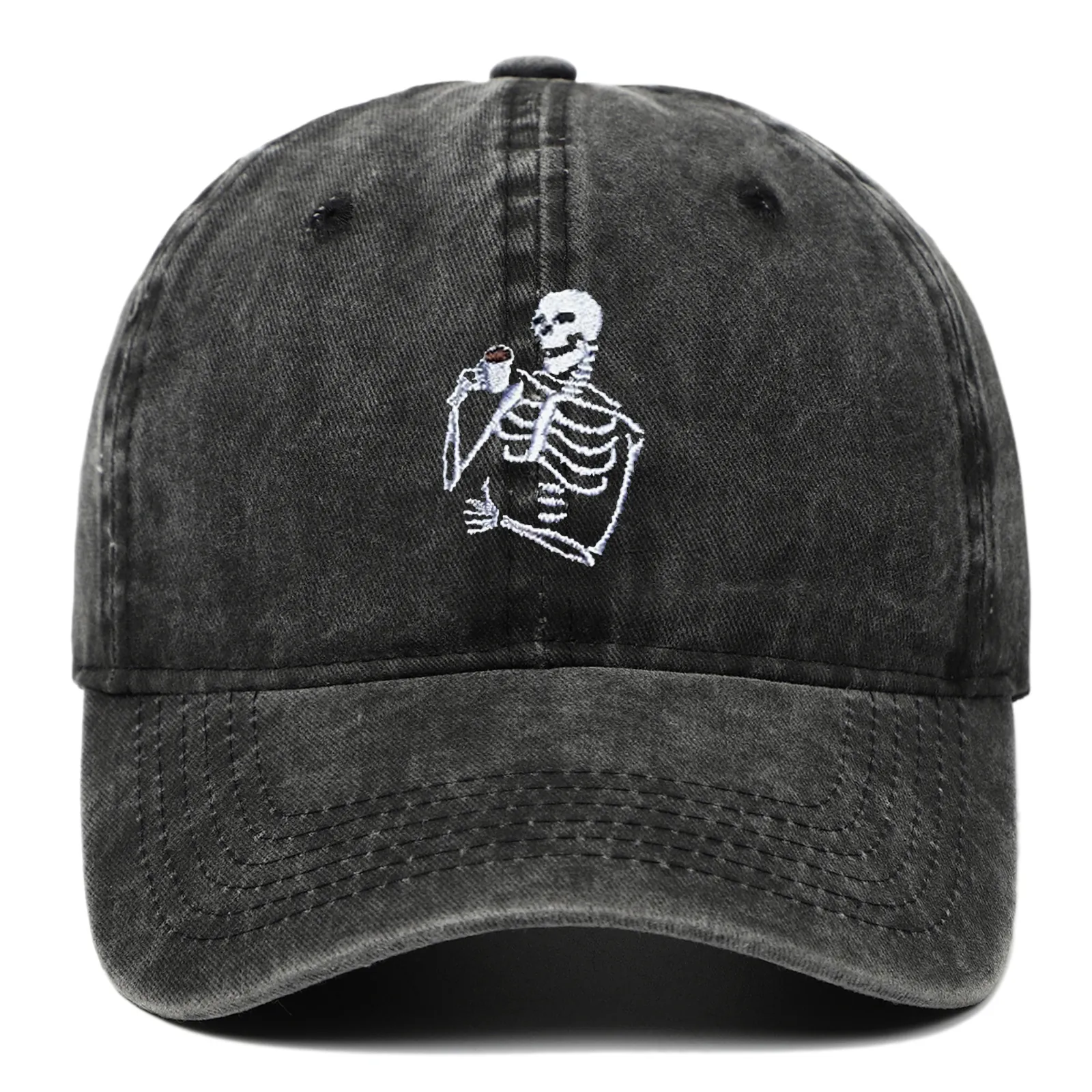 Casquette De Baseball En Coton Lavé Broderie Squelette Café Vintage Chapeau Soleil Réglable Pour Hommes Femmes