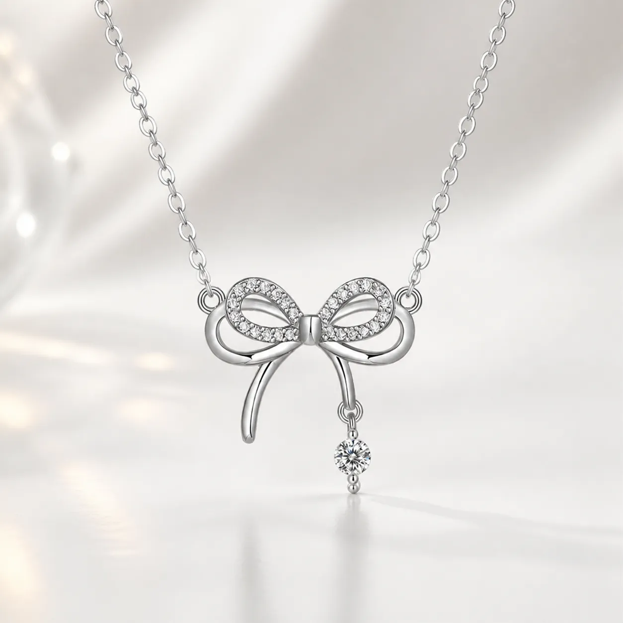 925 Sterling Silver Bow Tassel Pendant Necklace With Moissanite Zirconia Stones For Women Elegant Clavicle Chain Jewelry Gift