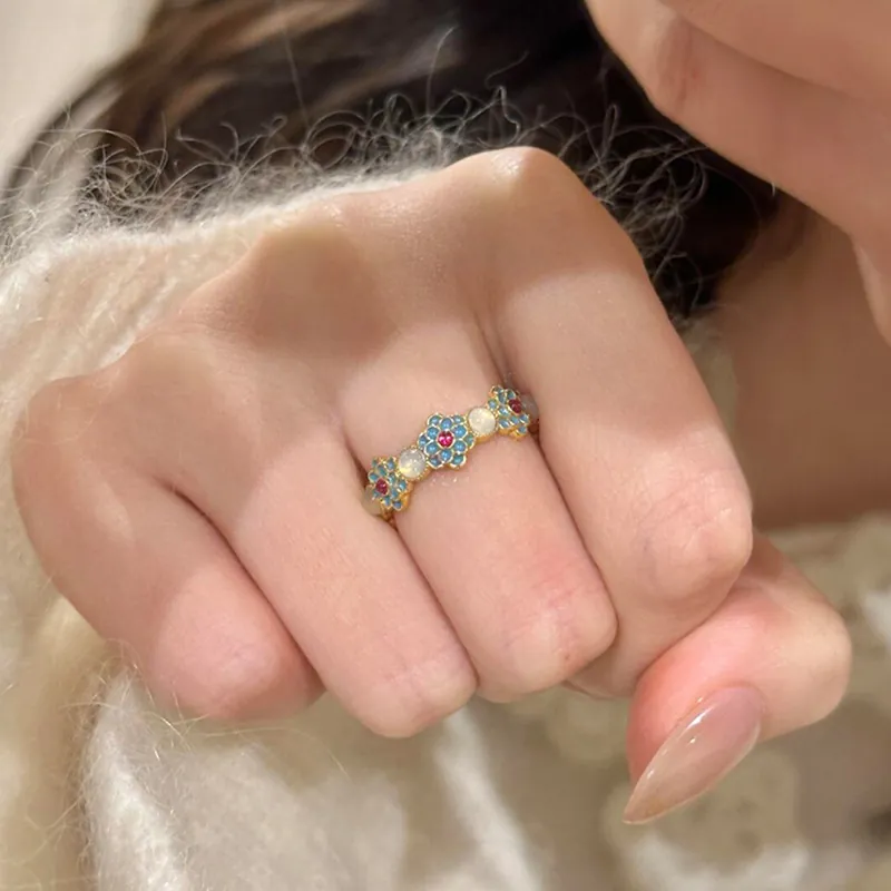 Flower Open Ring 18K Gold Plated Copper With Zircon Enamel Artificial Pearl Retro Elegant Adjustable Finger Jewelry For Women