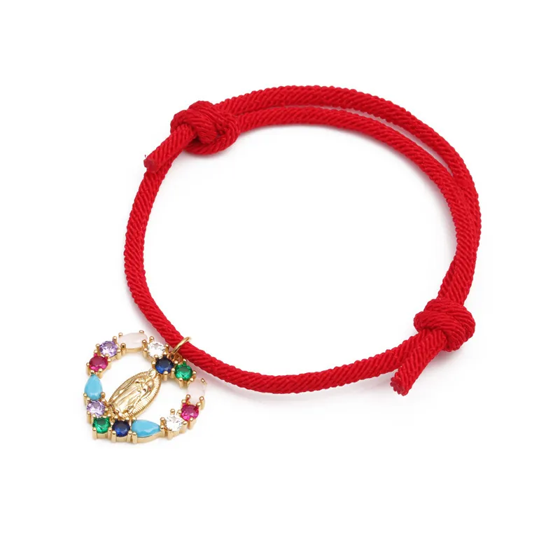 Verstellbares Geflochtenes Seilarmband Kupfer Mikro Eingelegter Zirkon Religiöse Jungfrau Maria Herz Kreuz Anhänger Boho Schmuck