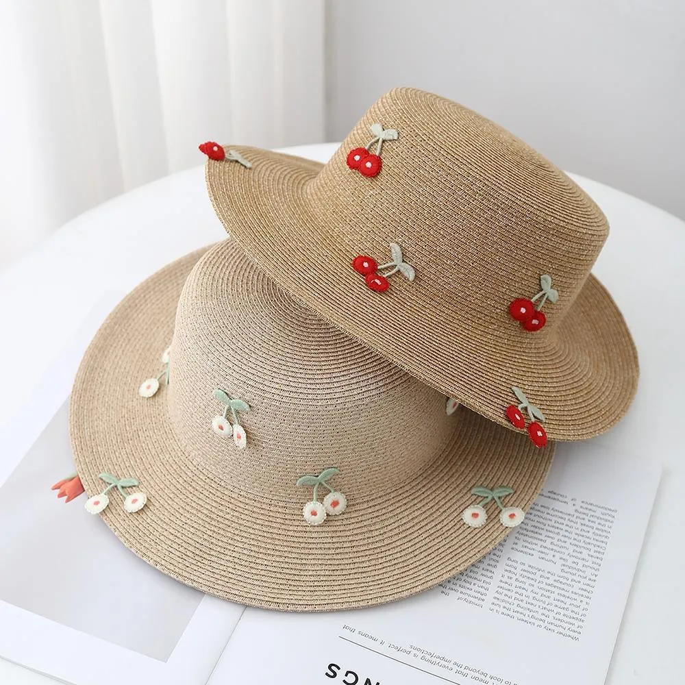 Woven Straw Boater Hat Cherry Embroidery Summer Sun Protection Beach Flat Top Cap For Women