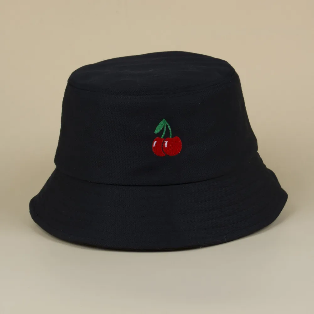 Chapeau Bob En Sergé De Coton Avec Broderie Cerise Planète Dessin Animé Protection Solaire Décontracté Pour Femmes