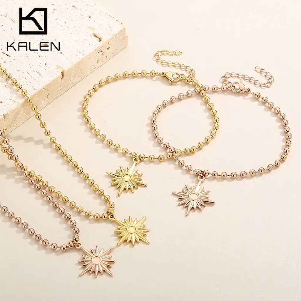 Collier Et Bracelet Étoile À Huit Branches Acier Inoxydable Plaqué Or 18K Chaîne À Billes Bijoux De Mode Pour Femmes