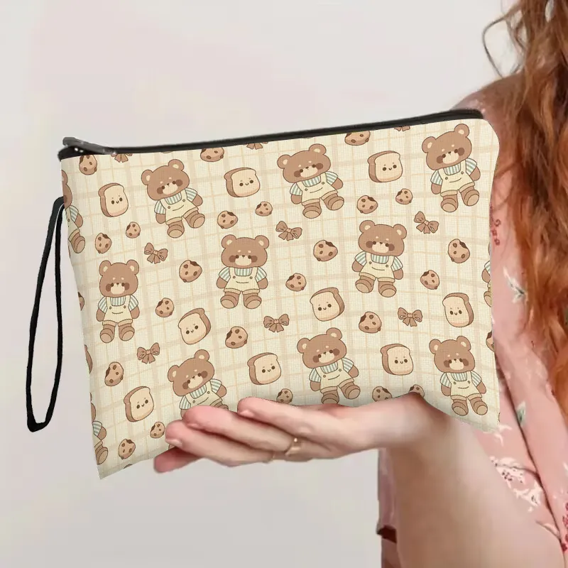 Cartoon Bear Print Cosmetic Makeup Bag Linen Fabric Zipper Closure Portable Travel Toiletry Organizer Pouch