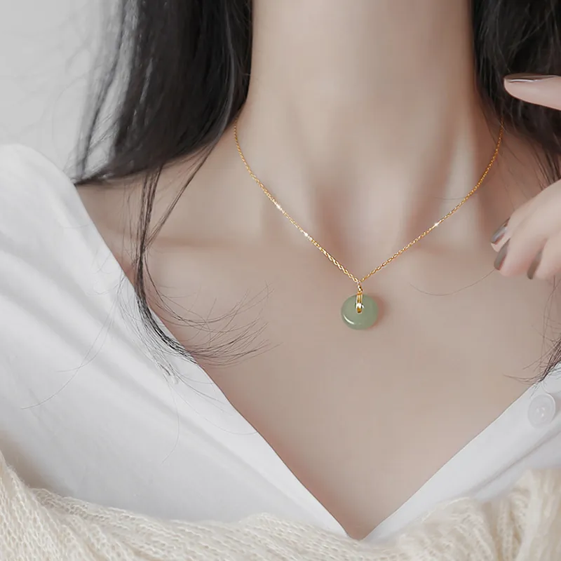Stainless Steel Necklace Faux Green Jade Donut Pendant Elegant 18K Gold Plated Safe Button Jewelry For Women Minimalist