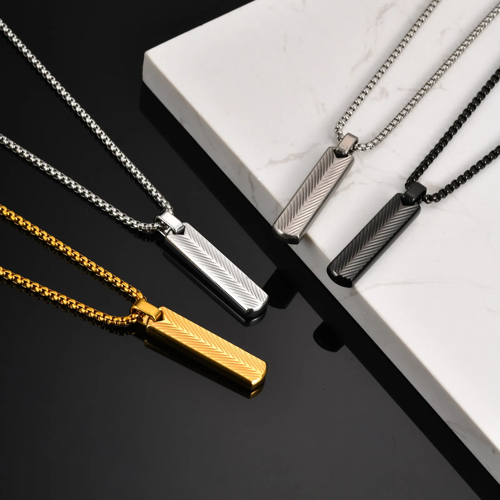 Men Pendant Necklace Stainless Steel Geometric Bar With V-Shaped Texture Minimalist Punk Hip Hop Style Jewelry