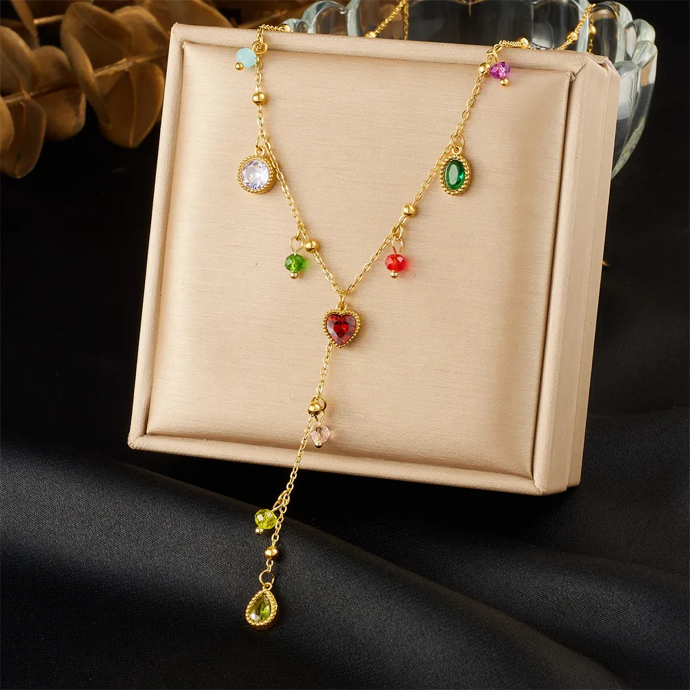 Chic Women Stainless Steel Gold Plated Y Necklace Featuring Multi Color Gemstones Heart And Teardrop Drip Pendant