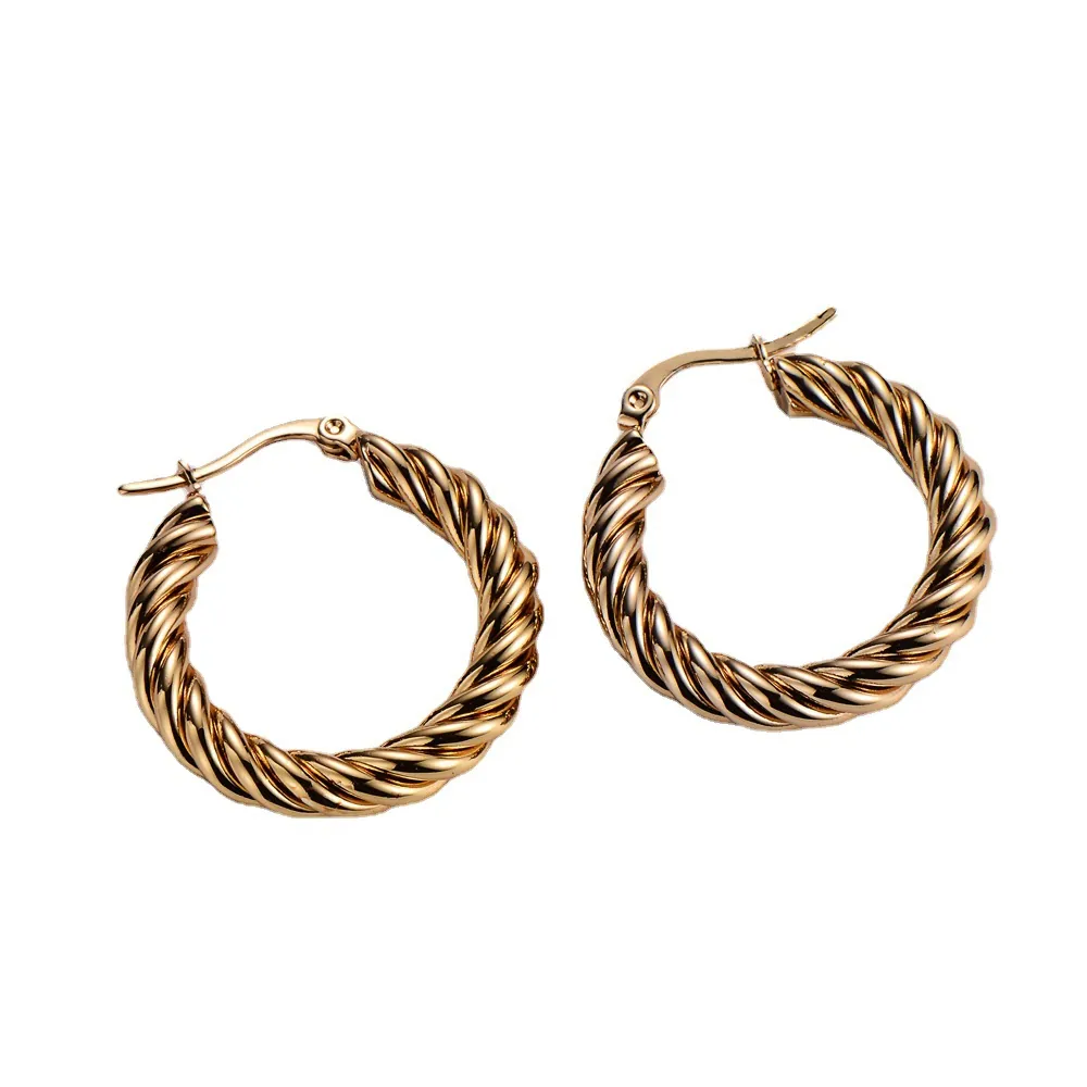 Twisted Rope Hoop Earrings 18K Gold Plated 316L Stainless Steel Minimalist Chunky Round Circle Fashion Jewelry Women