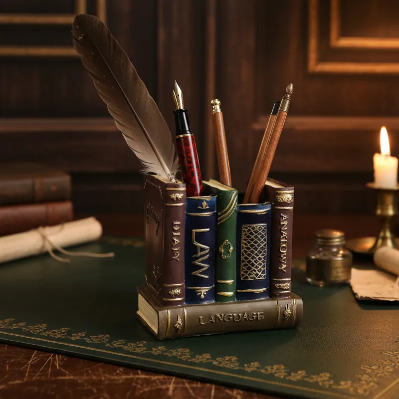 Vintage Book Stack Pen Holder Resin Desktop Organizer Retro Bookcase Decor Office Study Stationery Storage Box Ornament