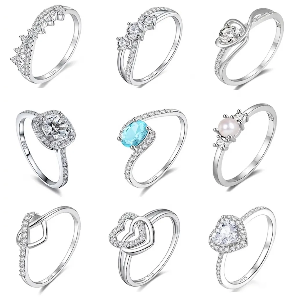 925 Sterling Silver Rings For Women Elegant Heart Crown Square Blue Stone Artificial Pearl Cubic Zirconia Wedding Engagement Jewelry