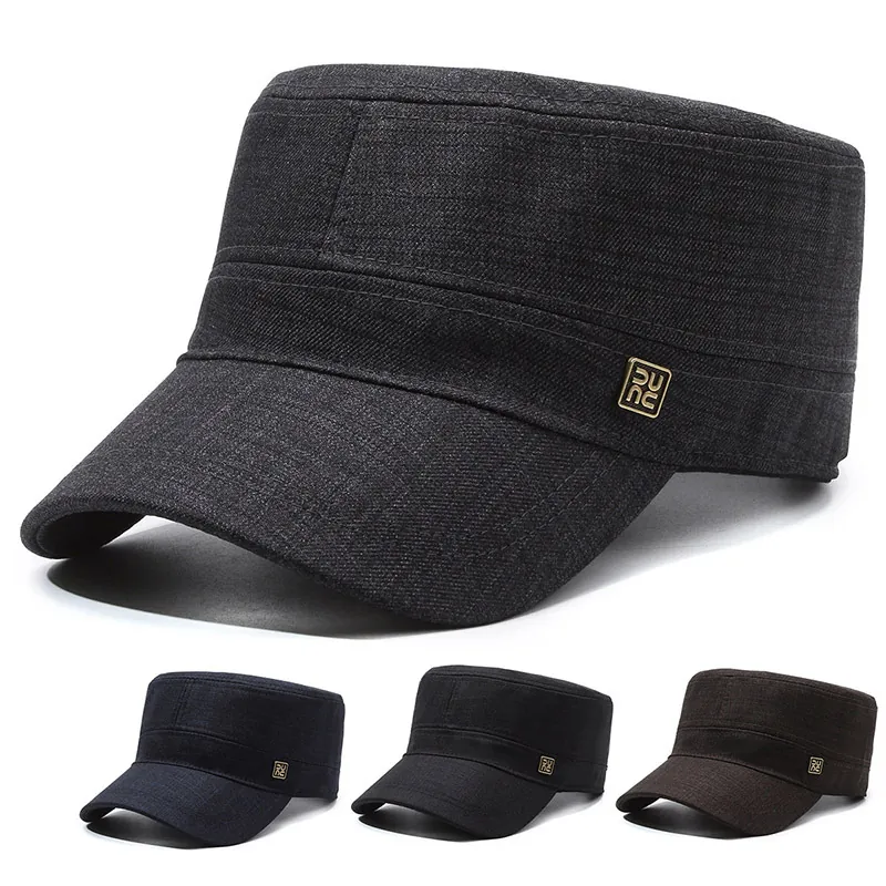 Men Cadet Cap Military Style Flat Top Hat Cotton Breathable Adjustable Sun Protection Outdoor Casual Solid Color