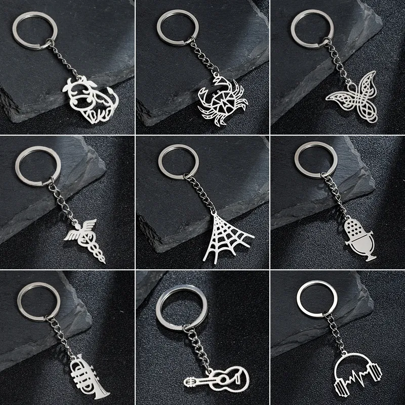 Minimalist Stainless Steel Keychain Spider Web Microphone Guitar Heartbeat Trumpet Pendant Fashion Metal Key Ring Gift
