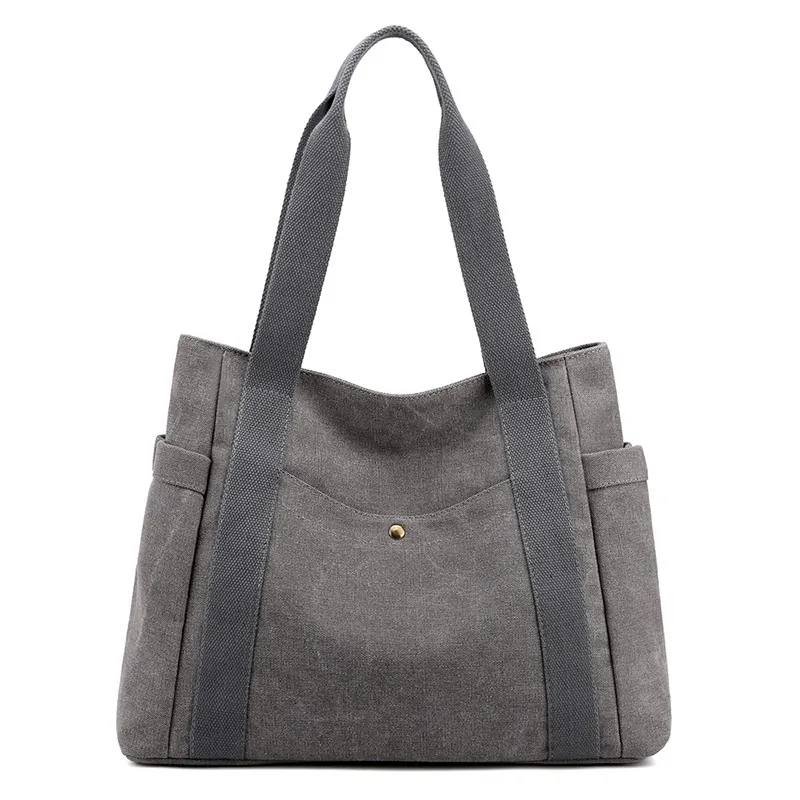 Women Canvas Tote Bag Large Capacity Shoulder Handbag With Multi Pockets Retro Casual Work Travel Zipper Closure