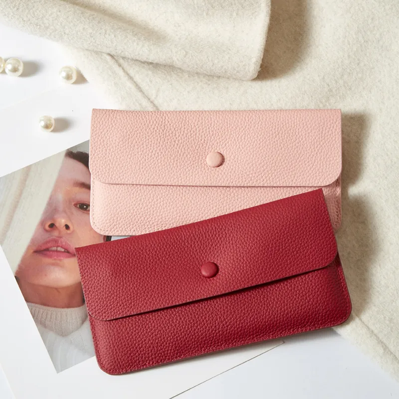Portafoglio Lungo Donna Pelle Di Vacchetta Trama Martellata Pochette Busta Borsa Sottile Per Telefono Slot Carte Bottone