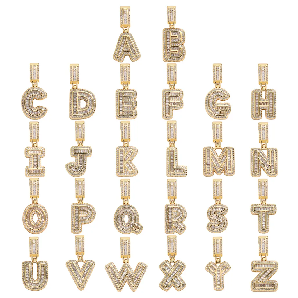 Iced Out Initial Letter Pendant Necklace Copper Micro Paved Cubic Zirconia Hip Hop Jewelry For Men Women Square CZ