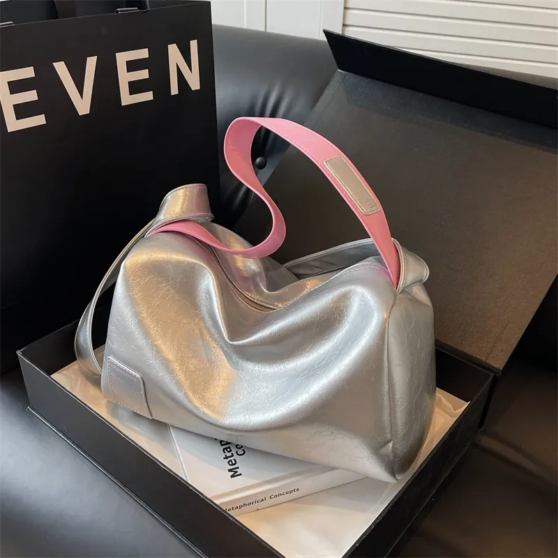 Boston Shoulder Bag Women Glossy PU Leather Large Capacity Contrast Color Wide Strap Commuter Crossbody Bag