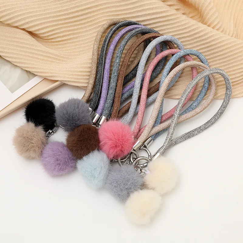 Fashion Denim Leather Keychain Soft Plush Ball Woven Strap Bag Pendant For Women Commuting Keyring Accessory With Metal Clasp