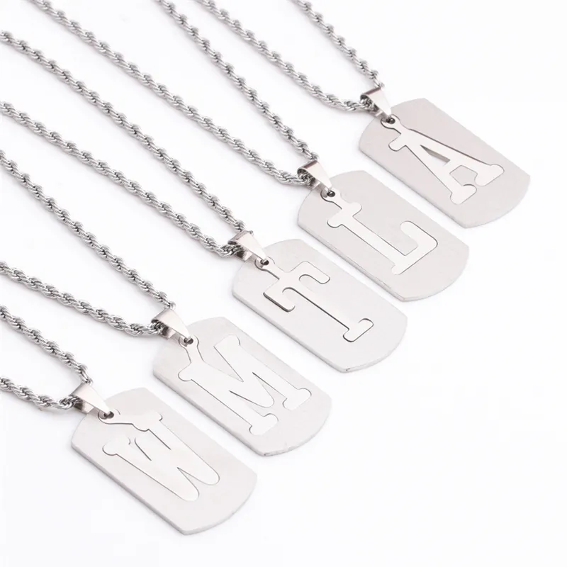 Collier Pendentif Lettre Alphabet Acier Inoxydable Plaque Rectangulaire Évidée Hip Hop Chaîne Torsadée Pour Hommes