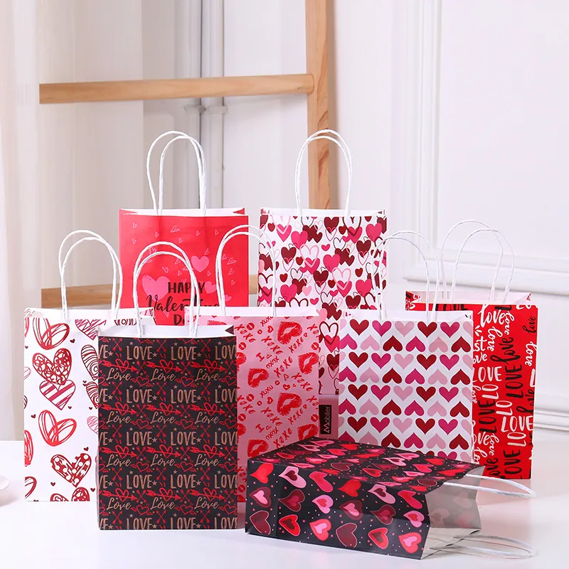 Valentine's Day Gift Bags Paper Heart Print XOXO Handbags For Anniversary Mother's Day Party Favor Holiday Wrapping