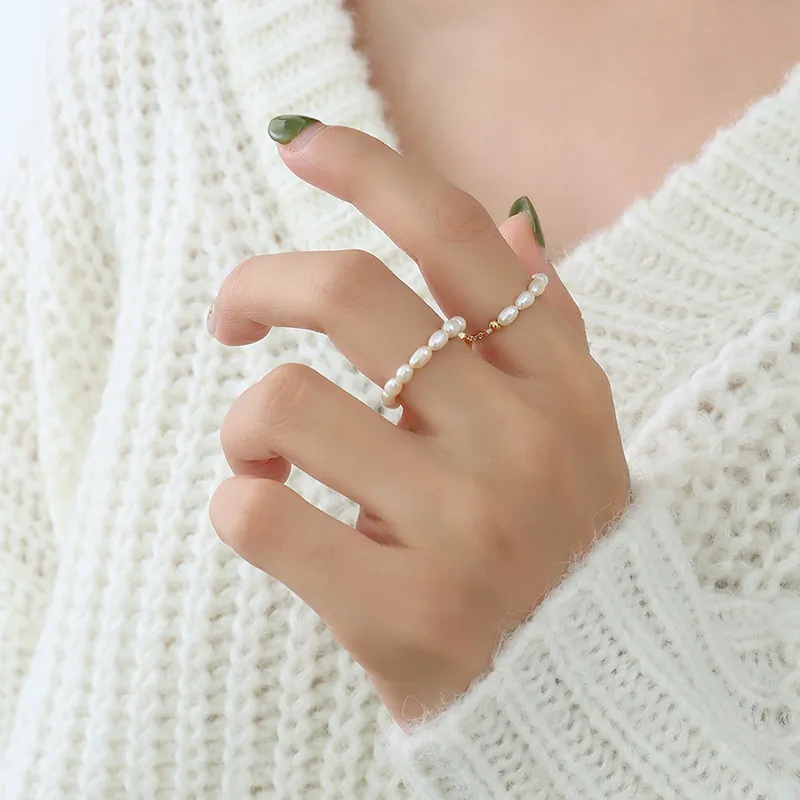 Bague Chaîne Réglable Perle Eau Douce Acier Titane Plaqué Or 18K Style Baroque Français Bijoux Élégants Femmes