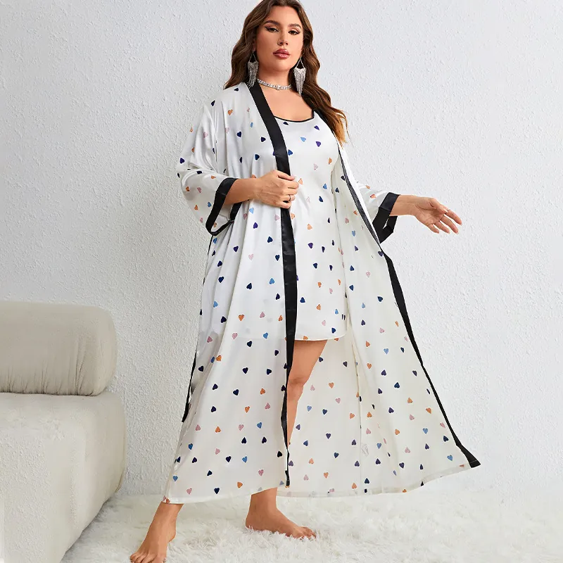 Women's Plus Size Satin Robe And Sling Nightdress Heart Print V-Neck Sleepwear Loungewear