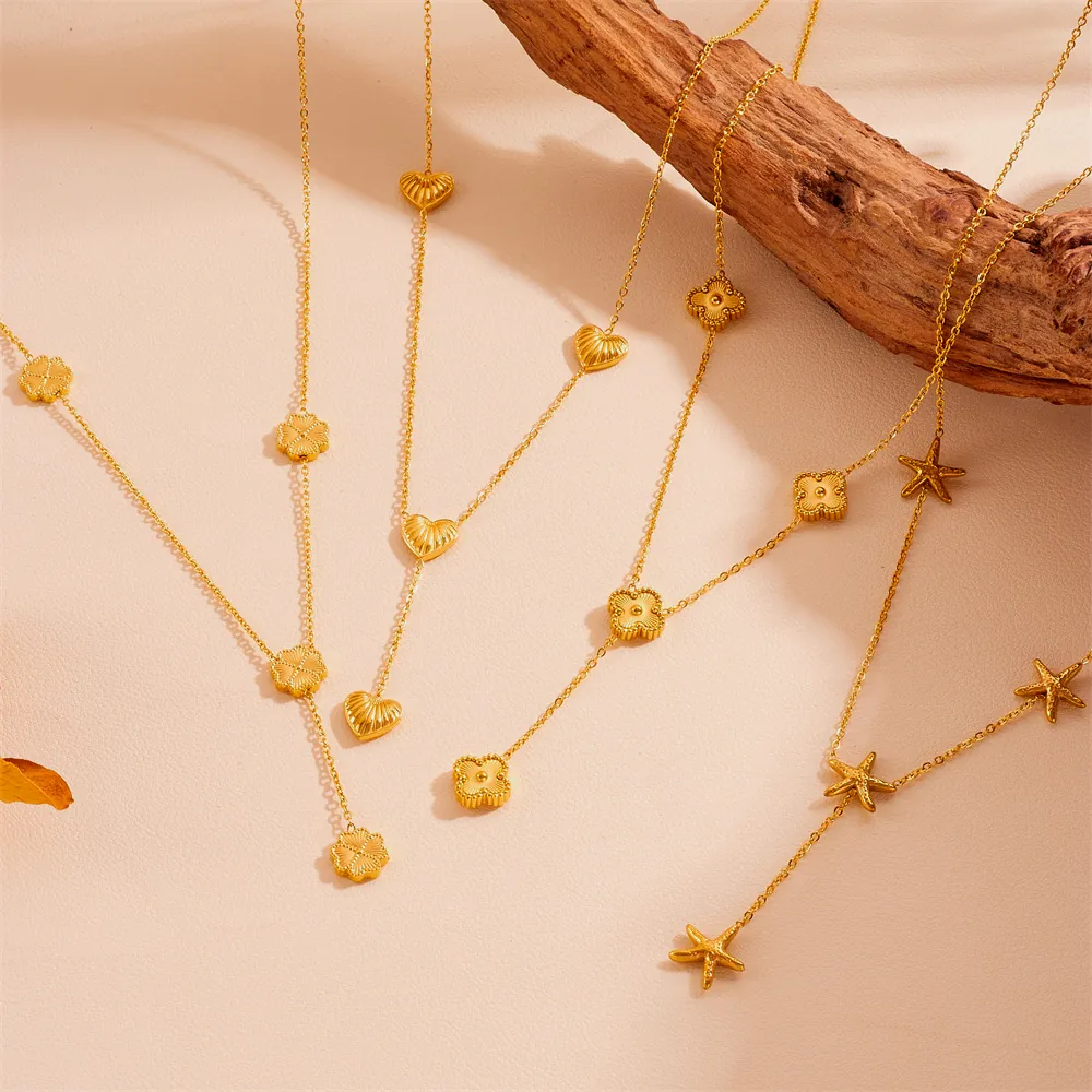 Collier Gland En Forme De Y Avec Pendentif Trèfle Étoile De Mer Cœur En Acier Inoxydable Bijoux Mode Dorés Pour Femme