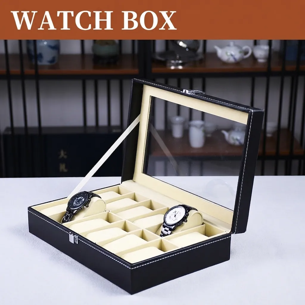 Watch Box Organizer PU Leather Jewelry Display Case With Glass Top Transparent Window Metal Lock For Men Women