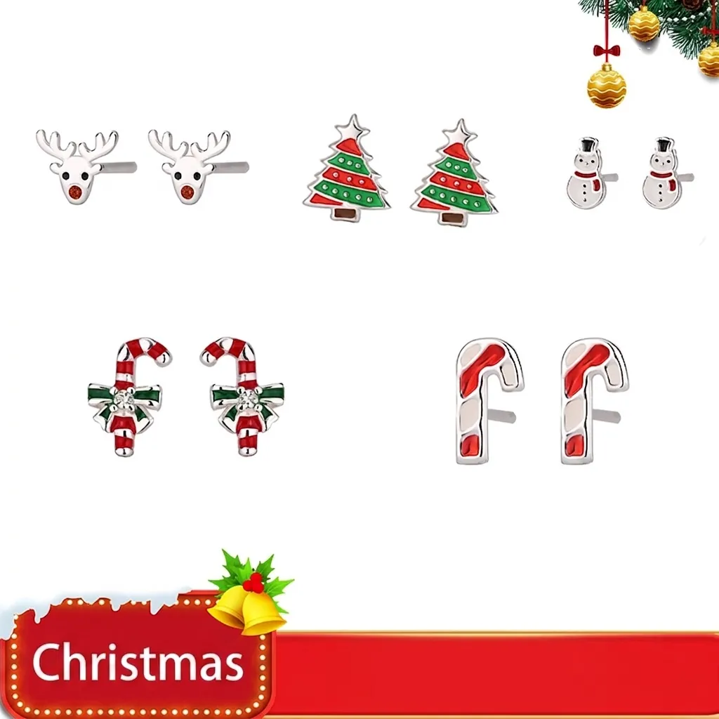 Boucles d'Oreilles Clous en Argent Sterling 925 Noël Émail Bonhomme de Neige Renne Sapin de Noël Bijoux en Strass pour Femme