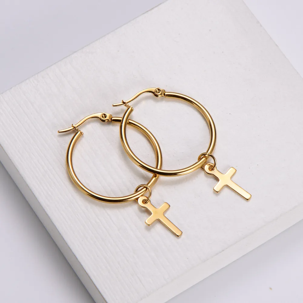 Créoles En Acier Inoxydable Avec Pendentifs Croix Plaqué Or 18K Bijoux Minimalistes Pour Femmes Et Hommes