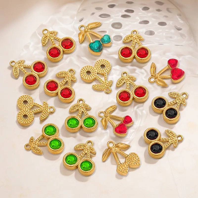 Breloques Cerise Mignonnes Pendentifs En Acier Inoxydable Strass Fruit Accessoires DIY Pour Colliers Boucles D'oreilles