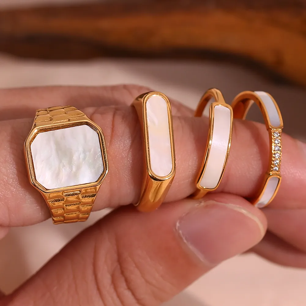 Stainless Steel Gold Plated Ring With Natural Mother Of Artificial Pearl And Cubic Zirconia Geometric Luxury Ins Style For Women