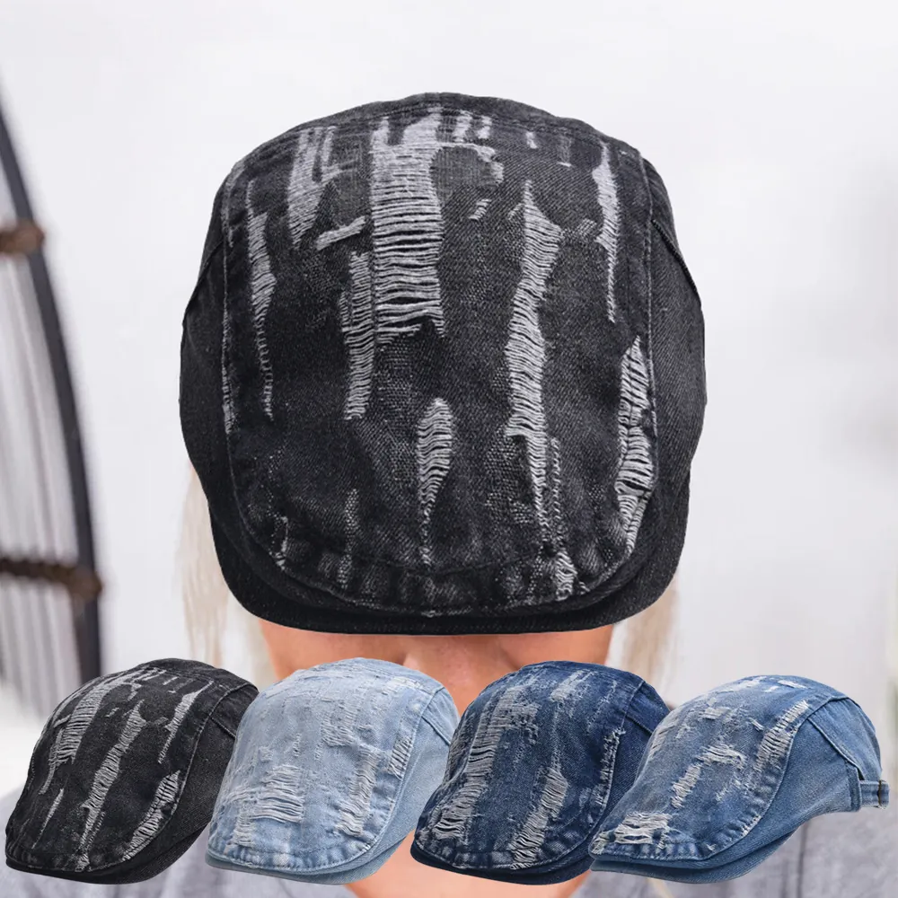 Newsboy Cap Vintage Distressed Washed Cotton Denim Ivy Flat Hat Retro Streetwear Adjustable Unisex