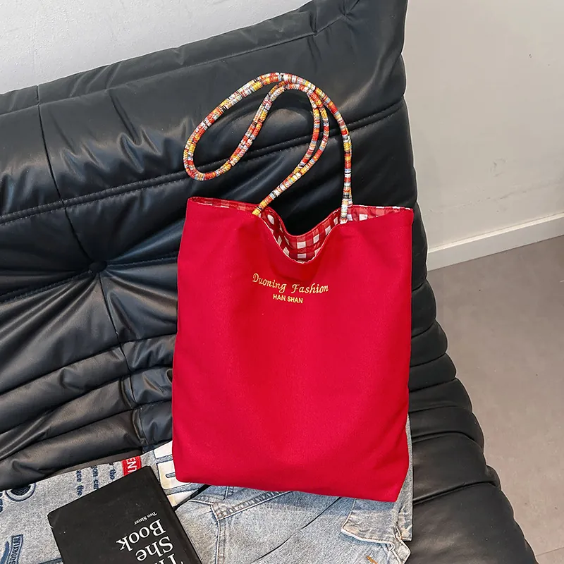 Bolso Tote De Lona Con Cuadros Gran Capacidad Asa De Cuerda Trenzada Colorida Bolso De Hombro Informal Para Mujer