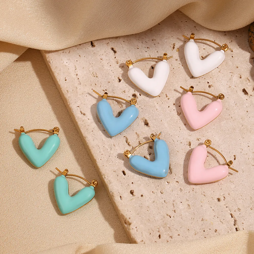 Fashion 18K Gold Plated Stainless Steel Hollow Heart Hoop Earrings Colorful Enamel Minimalist Heart Shaped Earrings For Women Jewelry Gift