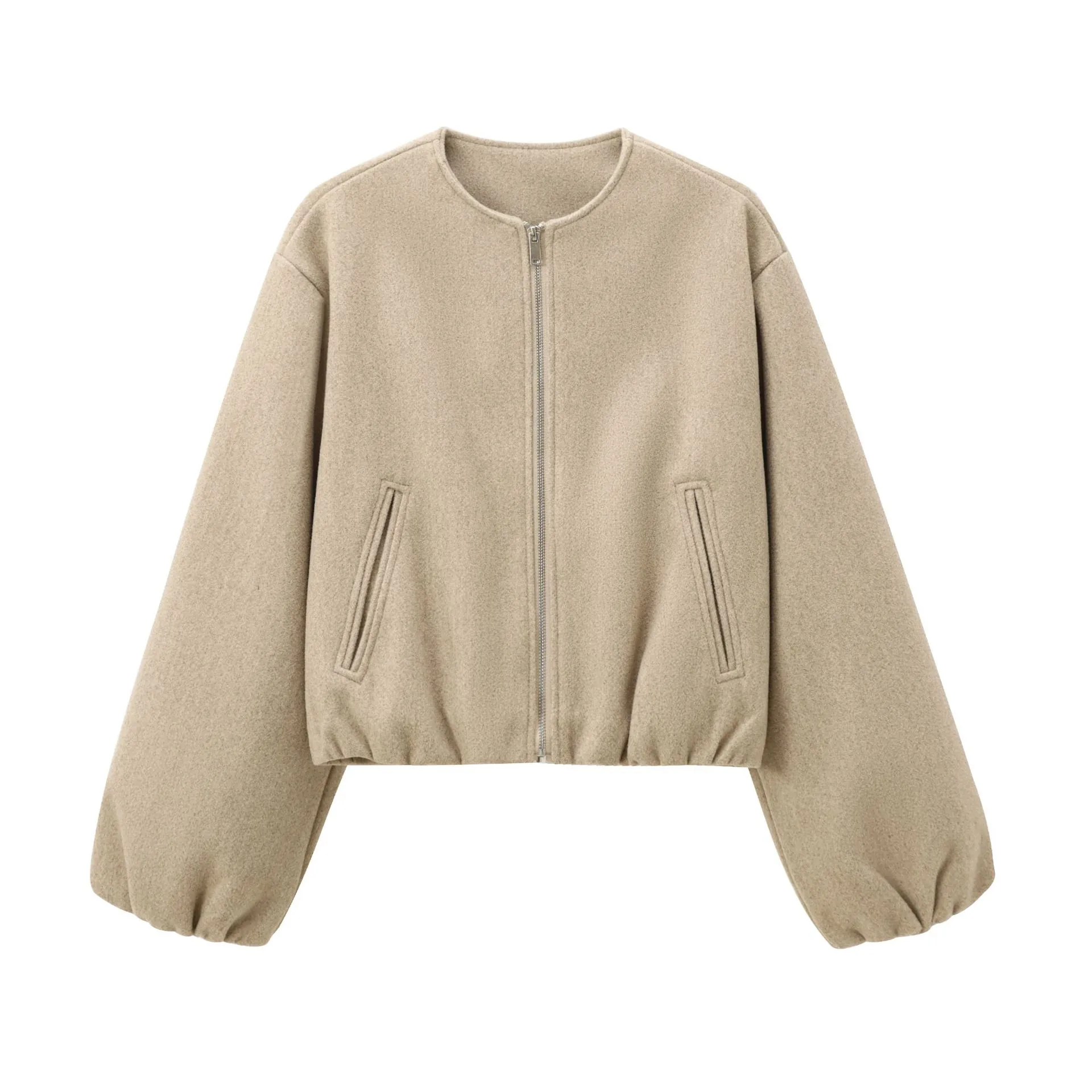 Women Fashion Soft Bomber Jacket Solid Color Lantern Sleeve Zip Up Jacket Casual Lightweight Outwear For Spring Autumn