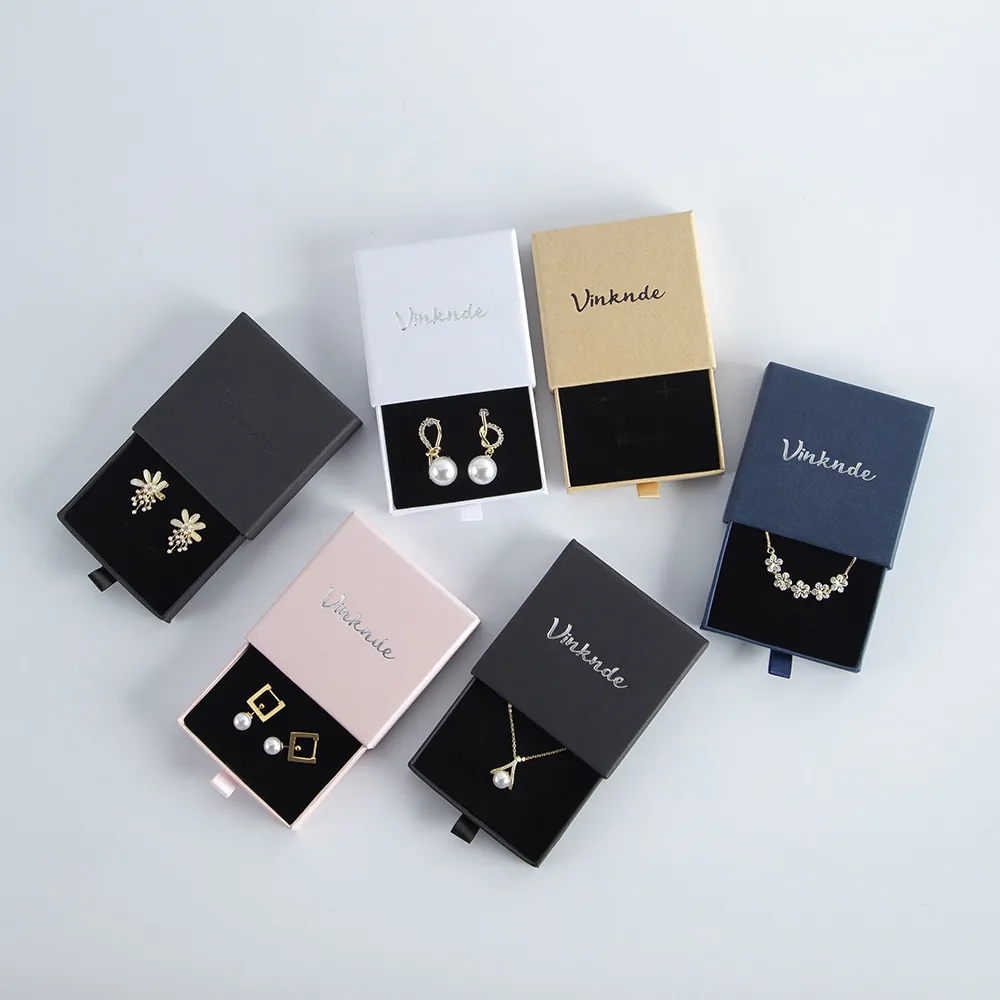 Jewelry Packaging Paper Drawer Style Gift Case For Ring Necklace Earring With Ribbon Pull Handle Velvet Lining